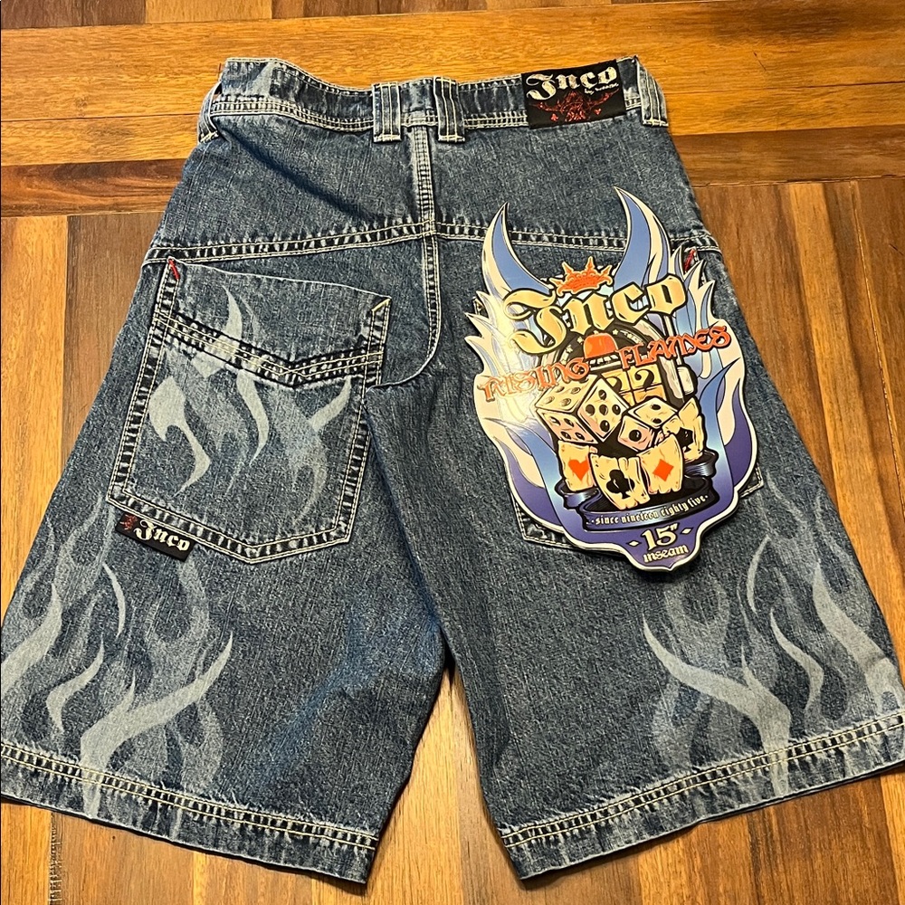 JNCO Risng Flame Blue Denim Shorts.